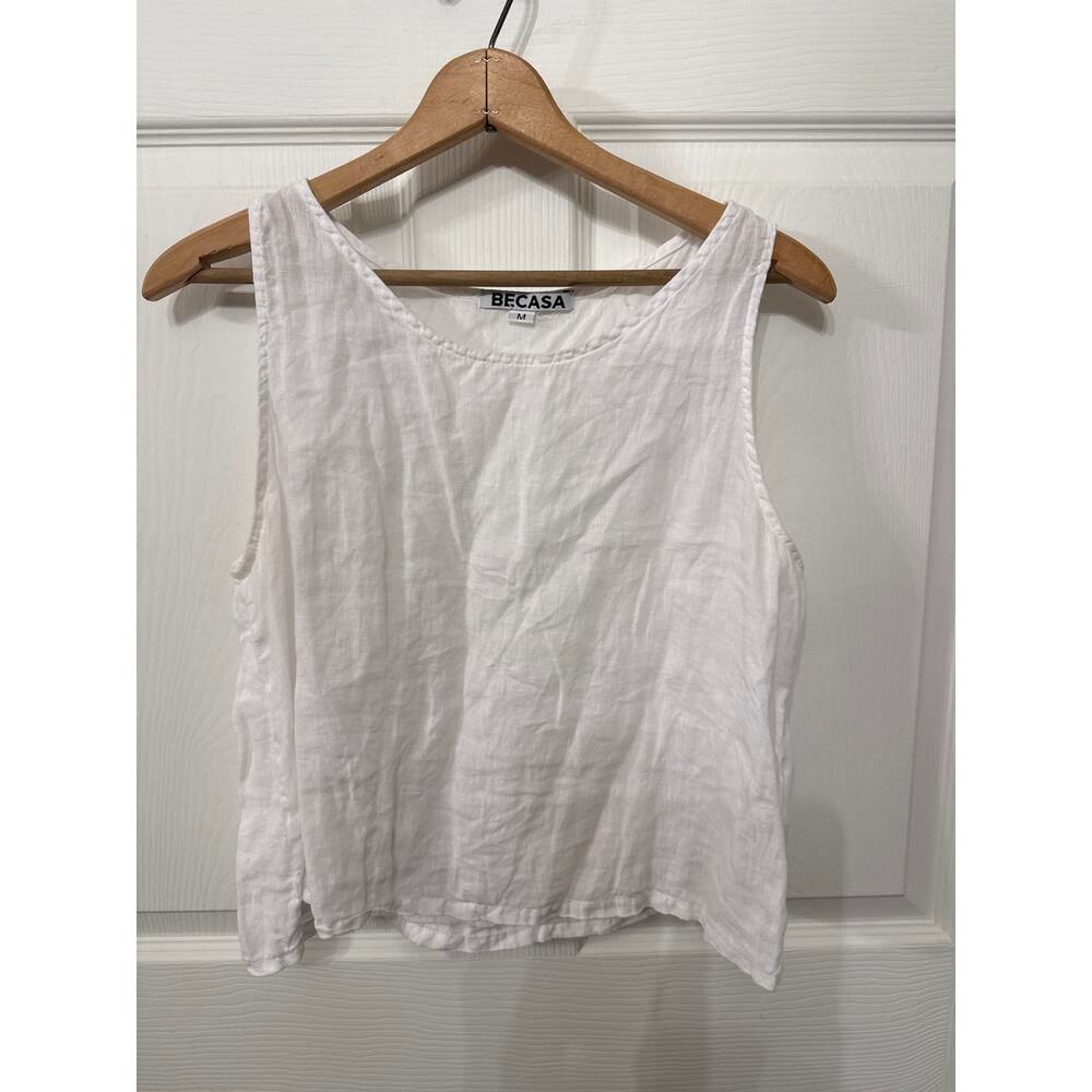Becasa 100% Linen White Cropped Tank Blouse, M